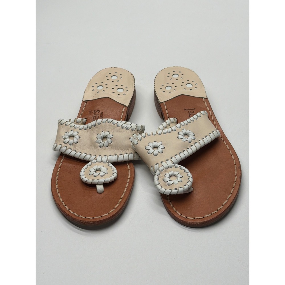 Jack Rogers Jacks Flat Sandal Cream White Leather Whipstitch Thong Sandals - 6